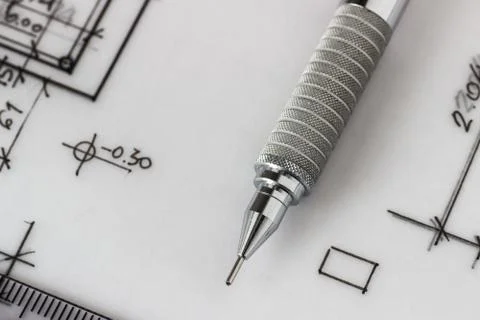 Mechanical pencil on a technical drawing Foto stock