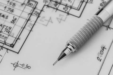 Mechanical pencil on a technical drawing Foto stock