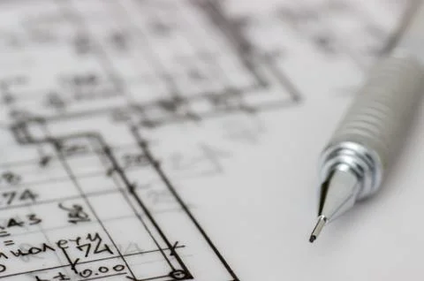 Mechanical pencil on a technical drawing Foto stock
