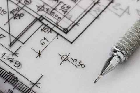 Mechanical pencil on a technical drawing Foto stock