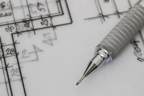 Mechanical pencil on a technical drawing Foto stock