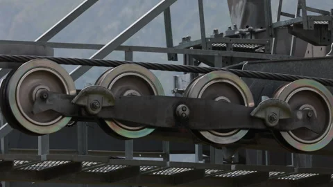 Mechanical pulley assembly of a mountain cable car system Stock Footage 335297369