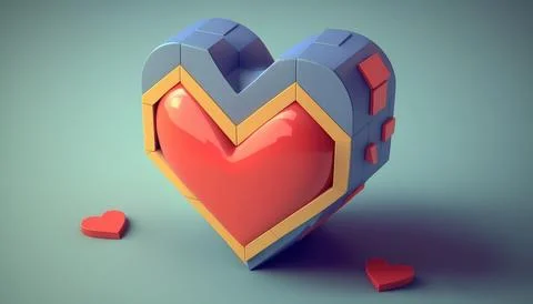 Mechanical red heart made of cubes with a yellow stroke and a blue outline on Stock Illustration