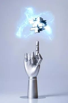 Mechanical robot arm or hand interacts with futuristic digital technologies. Illustrazione stock