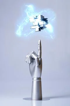 Mechanical robot arm or hand interacts with futuristic digital technologies. Illustrazione stock