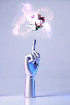 Mechanical robot arm or hand interacts with futuristic digital technologies. Stock Photos