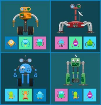 Mechanical Robots with Navigation Systems Set Stock Illustration