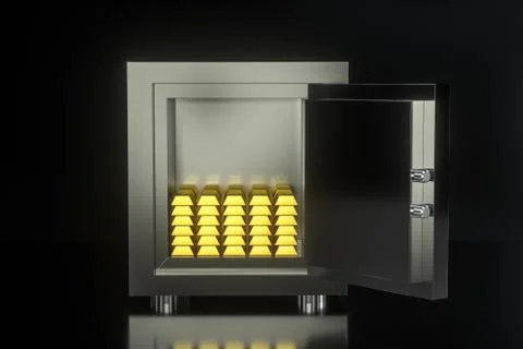 Mechanical safe, with gold bar inside, 3d rendering. Stockfoto's