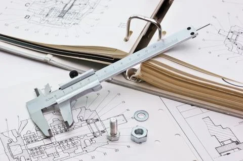 Mechanical scheme and calipers Stock Photos