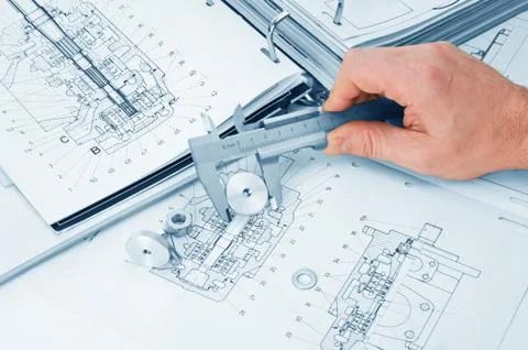 Mechanical scheme and calipers Foto stock