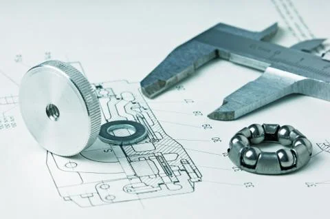 Mechanical scheme and calipers Stock Photos
