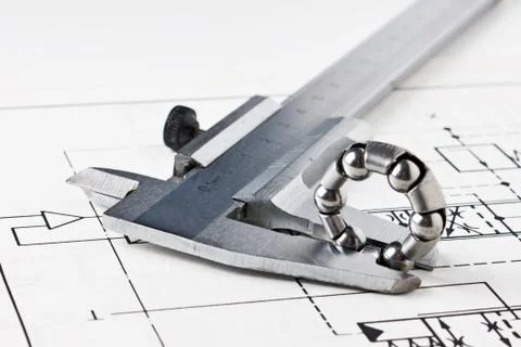 Mechanical scheme and calipers Foto stock
