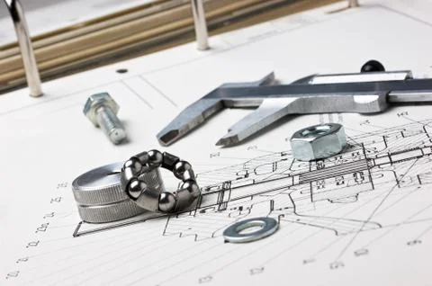Mechanical scheme and calipers Stock Photos