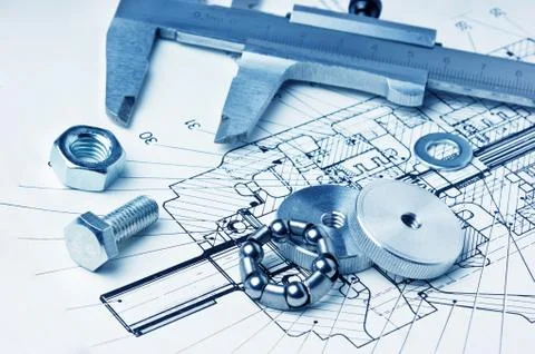 Mechanical scheme and calipers Stock Photos
