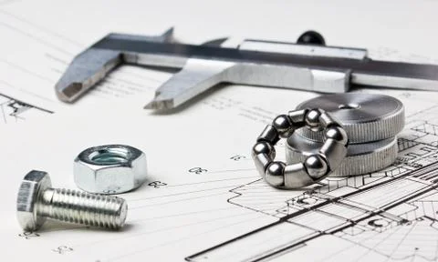 Mechanical scheme and calipers Foto stock