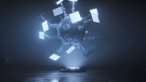 Mechanical sphere with robotic arms holding glowing panels Stock Footage 346781011