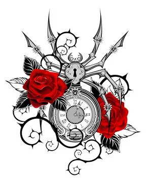 Mechanical spider with red roses Stock Illustration