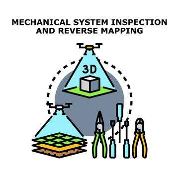Mechanical system inspection and reverse engineering mapping process Illustrazione stock