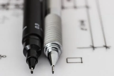 Mechanical technical pen on a technical drawing Foto stock
