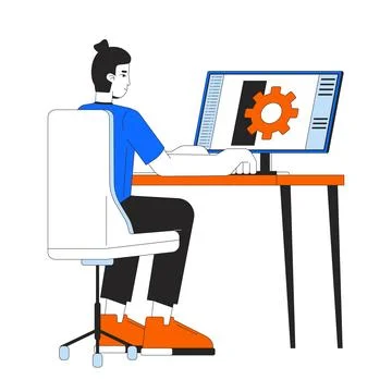 Mechanical technician sitting at computer 2D linear cartoon character Illustrazione stock