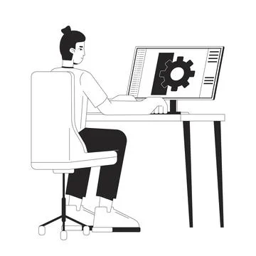 Mechanical technician sitting at computer bw 2D line cartoon character Illustrazione stock