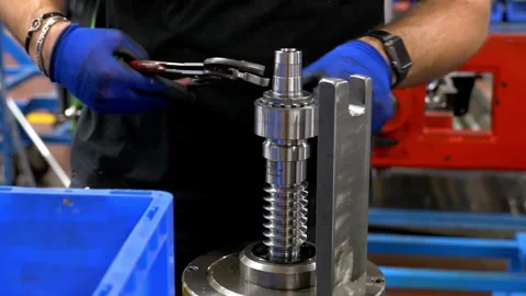 Mechanical technician using industrial pliers on a precision metal component Stock Footage 328644913