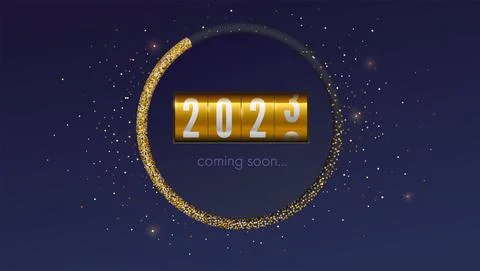 Mechanical timer countdown to 2023 New Year. Radial indicator from glittering Stock Illustration