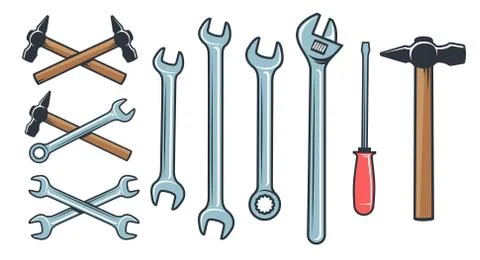 Mechanical tools hardware - spanner wrench screwdriver. Illustrazione stock