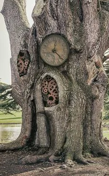 Mechanical tree with a clock. Steampunk concept. Stock Photos