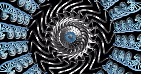 Mechanical Visual Wheel Backdrop Rotate Seamless Loop DNA Blue Silver Video stock 50110479