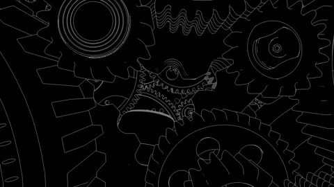 Mechanical wheels interconnect in a complex dance, drawn in white on a blac.. Stock Footage 270148938