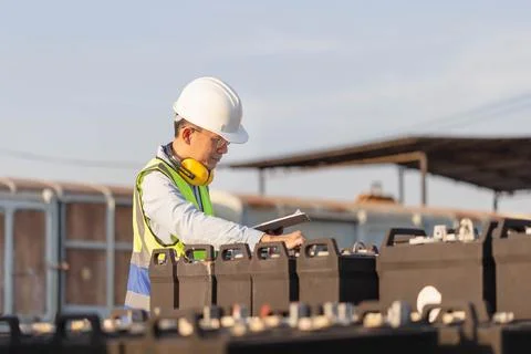 Mechanical worker checking the battery storage system, Engineer man in site Stockfoto's