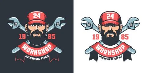 Mechanical workshop retro emblem - worker and adjustable wrench Stock Illustration