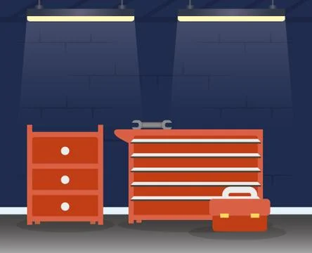 Mechanical workshop with tools drawers scene Stock Illustration