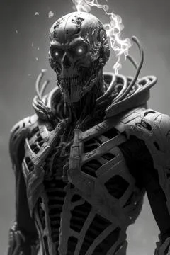 A mechanically advanced skeleton resembling a Terminator, embodying a fusio.. Stock Illustration