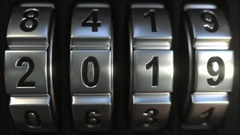 Mechanichal code lock rings reveal 2019 numbers. New Year related 3D rendering Stock-Illustration