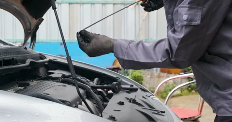 Mechanicle man checking engine oil level Stock Footage 141376073