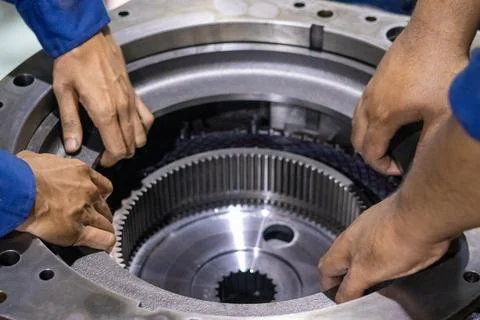 Mechanics align heavy planetary gear component into transmission casing dur.. Stock Photos