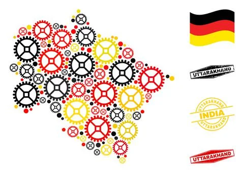 Mechanics Collage Uttarakhand State Map in German Flag Colors and Grunge Seals Stock Illustration