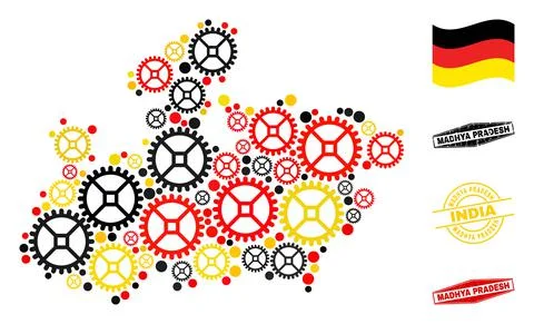 Mechanics Composition Madhya Pradesh State Map in German Flag Colors and Grunge Stock Illustration