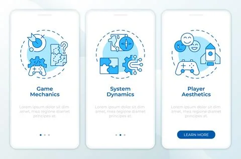 Mechanics dynamics aesthetics framework blue onboarding mobile app screen Stock Illustration