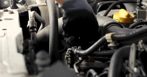 Mechanic's hand pulling out car engine oil level dip stick 4k dolly shot Stock Footage 113424339