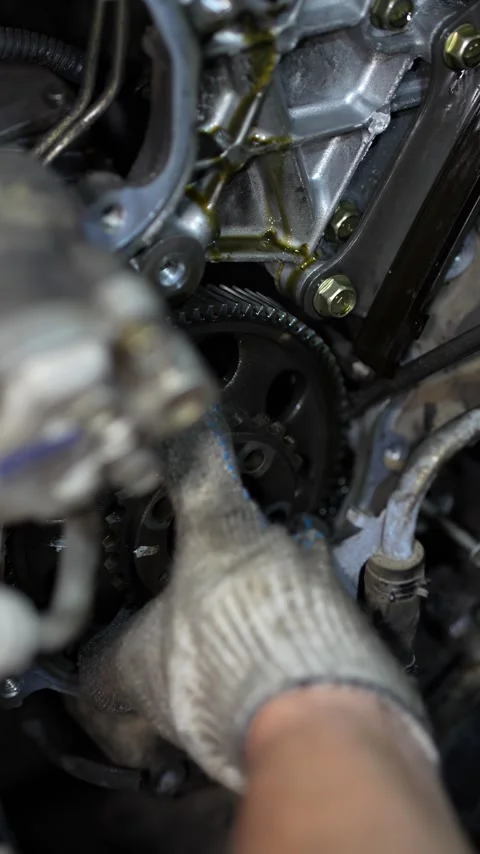 A mechanic's hand wearing a dirty work glove reaches toward a metal gear or p Stock Footage 345108449