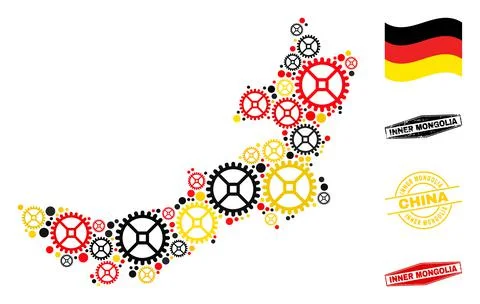 Mechanics Mosaic Inner Mongolia Map in German Flag Colors and Grunge Seals Stock Illustration