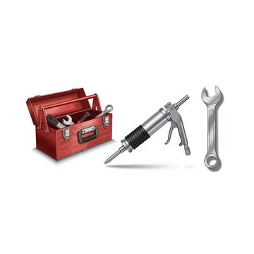 Mechanics red toolbox with hand tools, caulk gun, and wrench set Stock Illustration