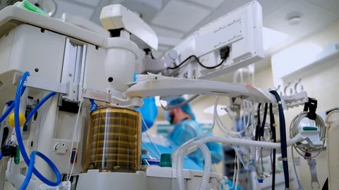 Mechanism of artificial lung ventilation in motion. Medical ventilator. Stock Footage 128596672
