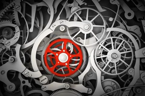 Mechanism, clockwork with one different, red cogwheel. Stock Illustration