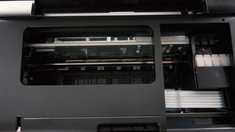 Mechanisms work inside the black printer Stock Footage 132876561