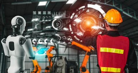 Mechanized industry robot and human worker working together in future factory Foto stock