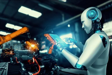 Mechanized industry robot and robotic arms for assembly in factory production . Stock Illustration